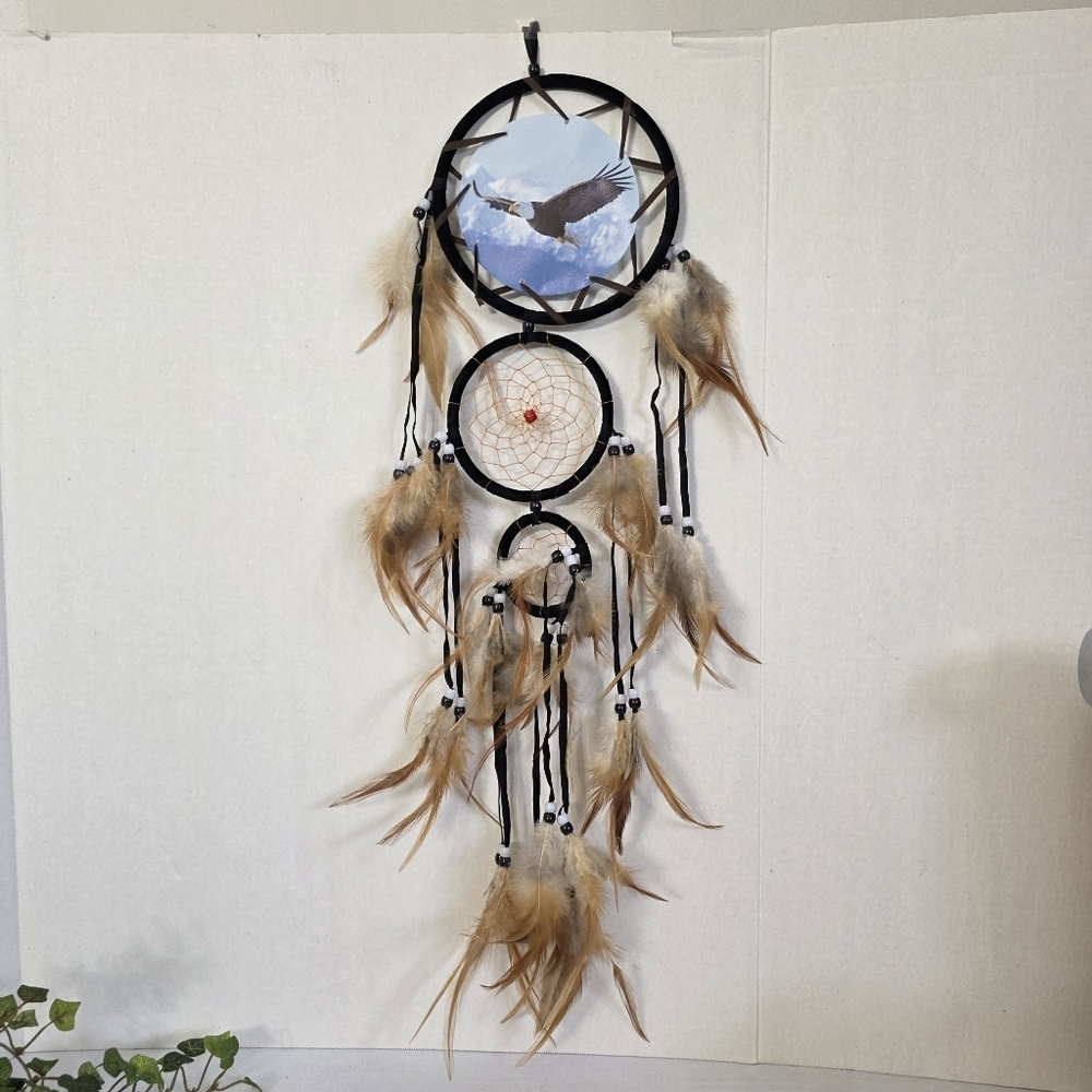 Triple Dreamcatcher with Eagle Image and Real Feathers New
